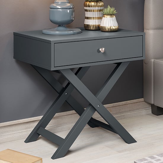 Read more about Outwell wooden bedside cabinet in midnight blue with x legs