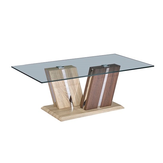 Photo of Oreo glass coffee table in clear with light and dark wood base