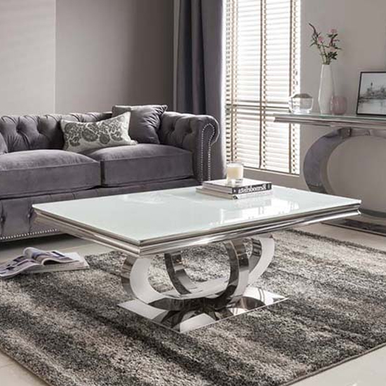 Product photograph of Oriana White Glass Coffee Table With Polished Metal Base from Furniture in Fashion