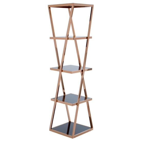 Product photograph of Orion Black Glass 5 Tier Shelving Unit With Rose Gold Frame from Furniture in Fashion