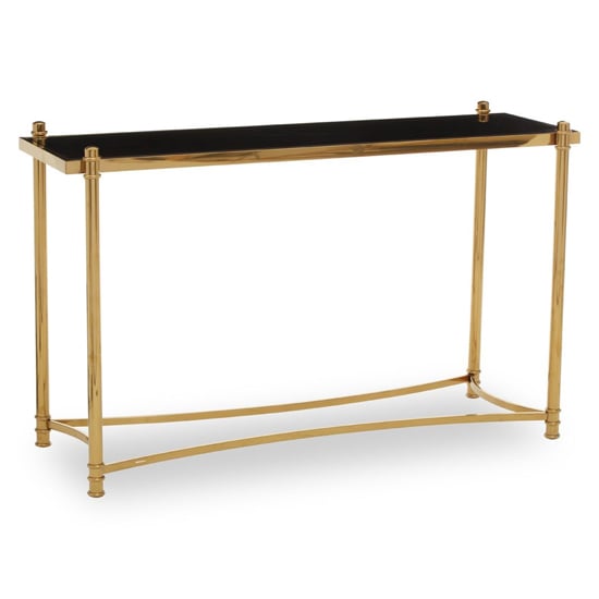 Product photograph of Orion Black Glass Top Console Table With Gold Metal Frame from Furniture in Fashion