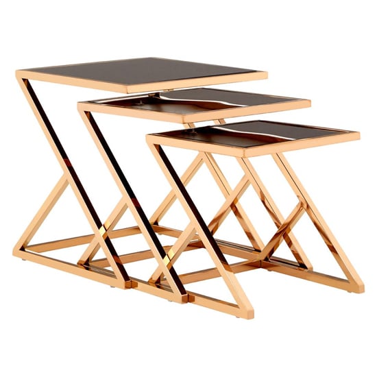 Product photograph of Orion Black Glass Top Nest Of 3 Tables With Rose Gold Frame from Furniture in Fashion