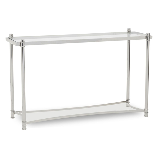 Product photograph of Orion Clear Glass Top Console Table With Silver Metal Frame from Furniture in Fashion