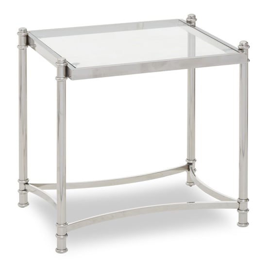 Product photograph of Orion Clear Glass Top Side Table With Silver Metal Frame from Furniture in Fashion