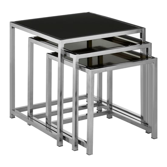 Product photograph of Orion Square Black Glass Top Nest Of 3 Tables With Chrome Frame from Furniture in Fashion