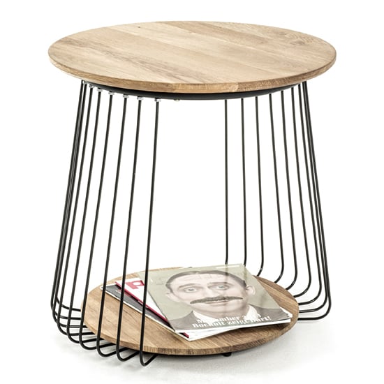 Photo of Orono round wooden side table in oak with black metal frame