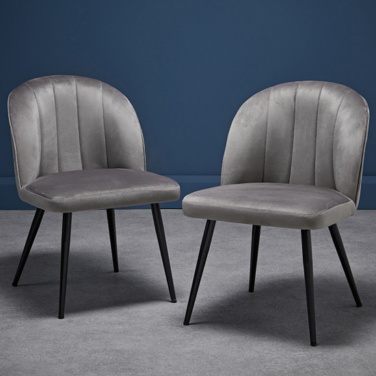 Product photograph of Orzo Grey Velvet Dining Chairs With Black Legs In Pair from Furniture in Fashion