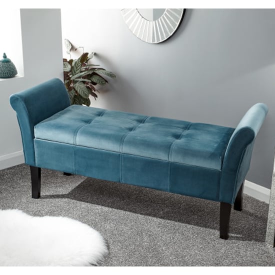 Photo of Otterburn fabric upholstered window seat bench in teal