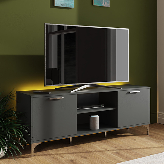 Product photograph of Ouverte Wooden Tv Stand In Satin Grey With Led Lights from Furniture in Fashion