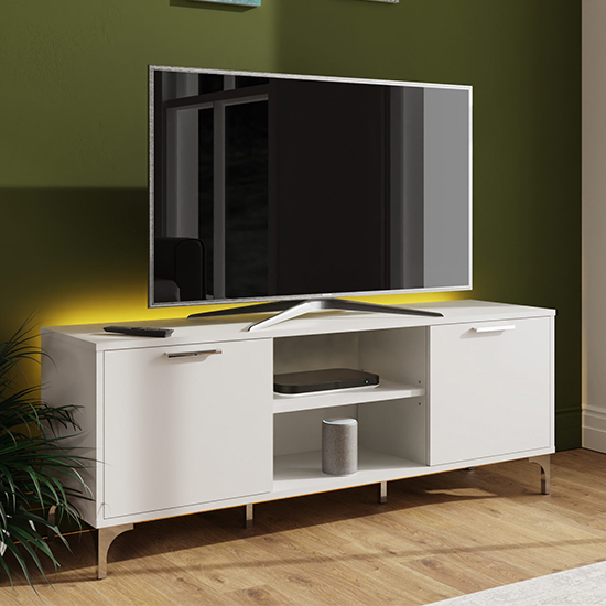 Product photograph of Ouverte Wooden Tv Stand In Satin White With Led Lights from Furniture in Fashion
