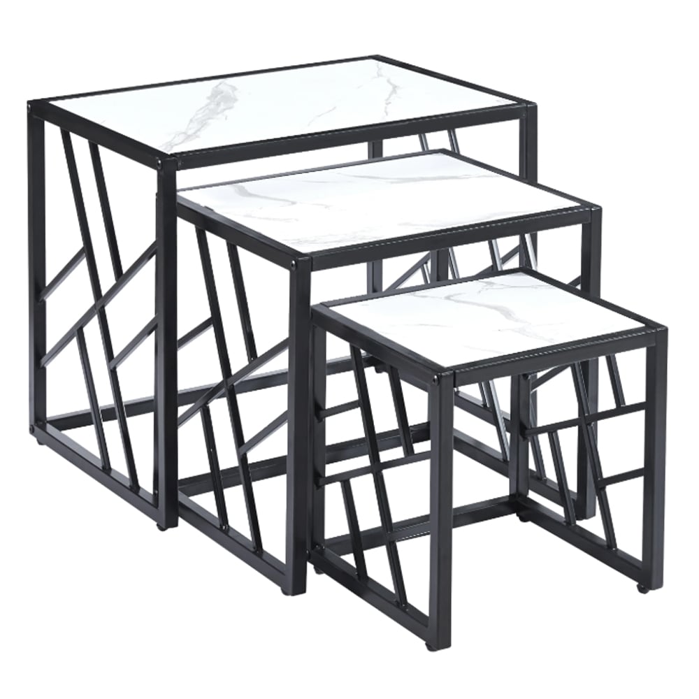 Read more about Ovid gloss white marble effect nest of 3 tables with black frame