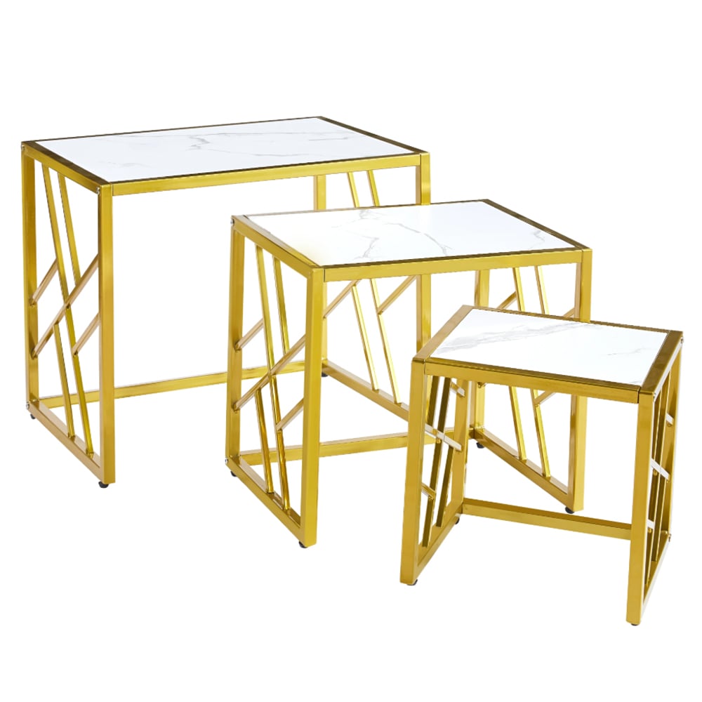 Read more about Ovid gloss white marble effect nest of 3 tables with gold frame