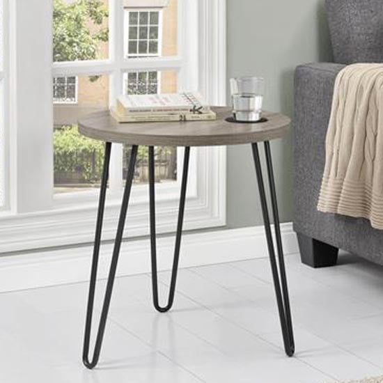 Photo of Owes wooden end table round in distressed grey oak