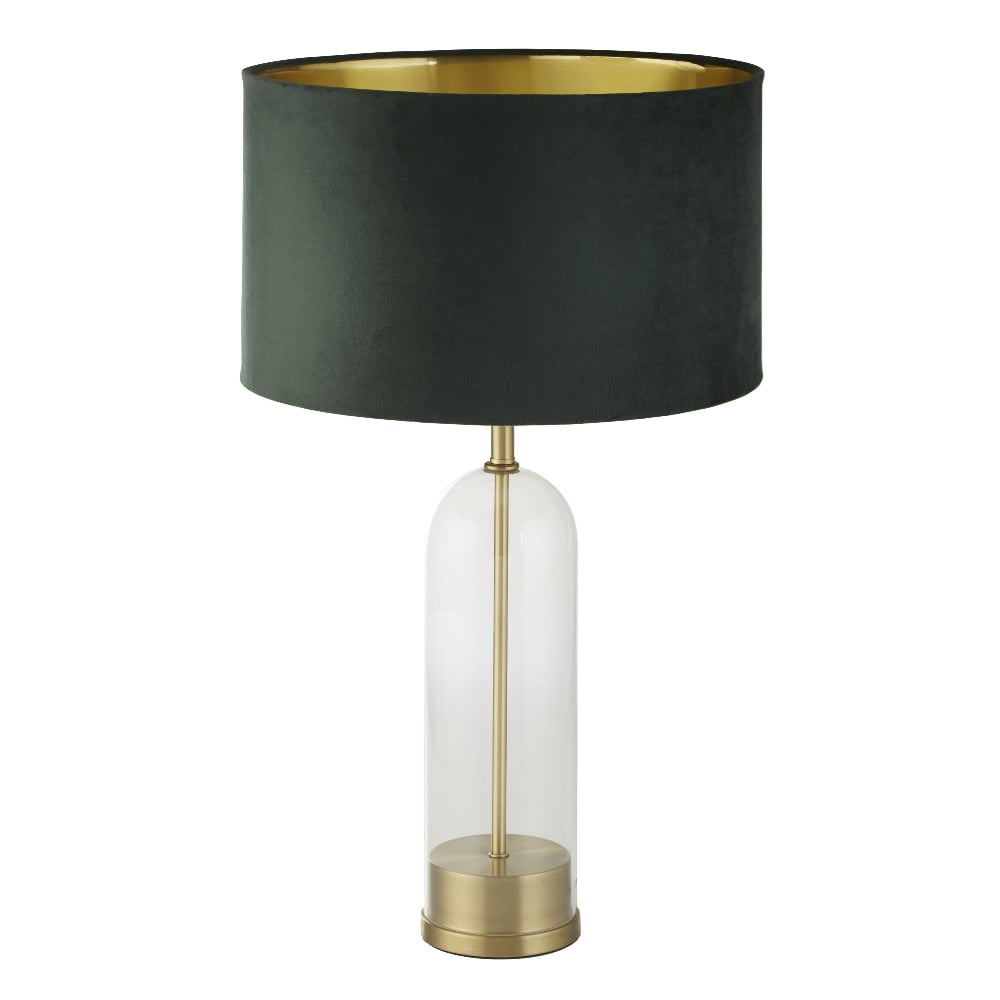 Product photograph of Oxford Green Velvet Shade Table Lamp With Glass Brass Base from Furniture in Fashion