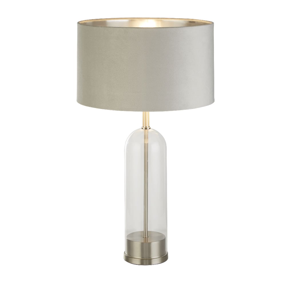 Product photograph of Oxford Grey Velvet Shade Table Lamp With Glass Brass Base from Furniture in Fashion