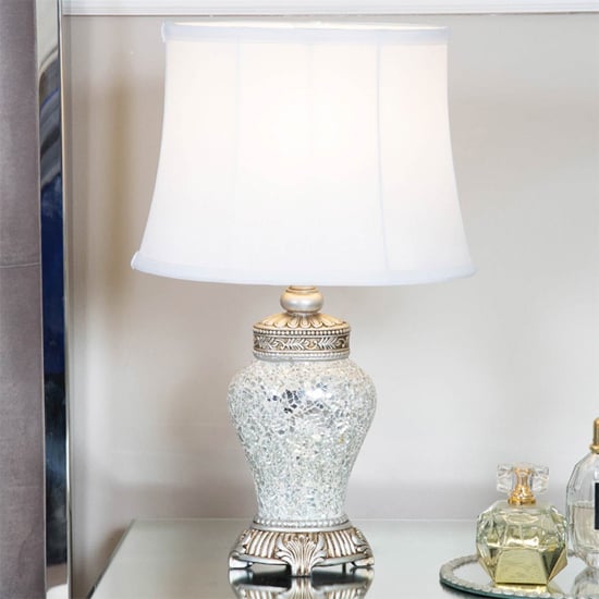 Product photograph of Oxon White Shade Table Lamp With Silver Sparkle Mosaic Base from Furniture in Fashion