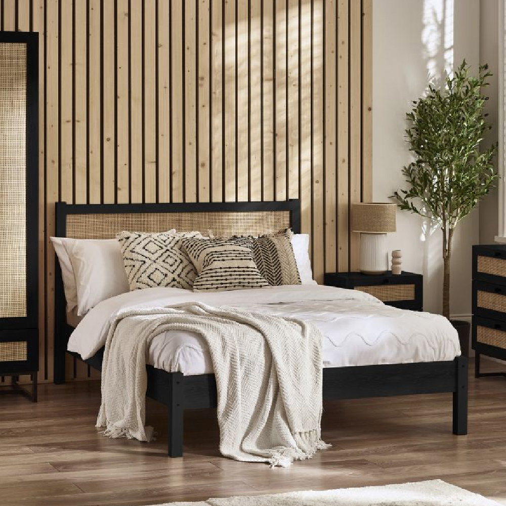 Product photograph of Pabla Wooden Double Bed With Rattan Headboard In Black from Furniture in Fashion