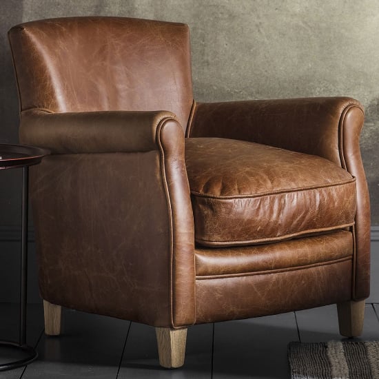 View Padston upholstered leather armchair in vintage brown