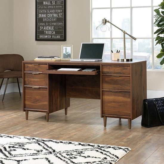View Palais wooden computer desk in walnut with 6 drawers