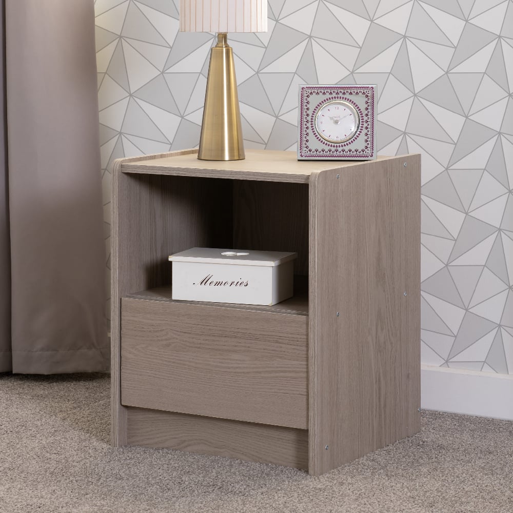 Read more about Palmyra wooden bedside cabinet with 1 drawer in smoked ash