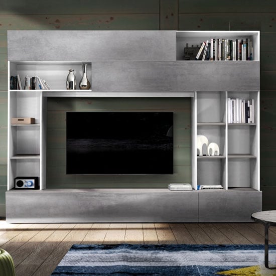 Read more about Pandora large entertainment unit in white and cement effect