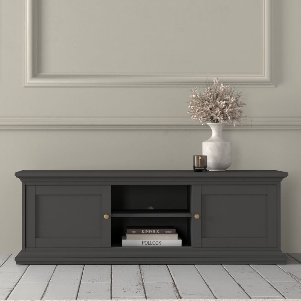 parayo wooden tv stand with 2 sliding doors in matt grey