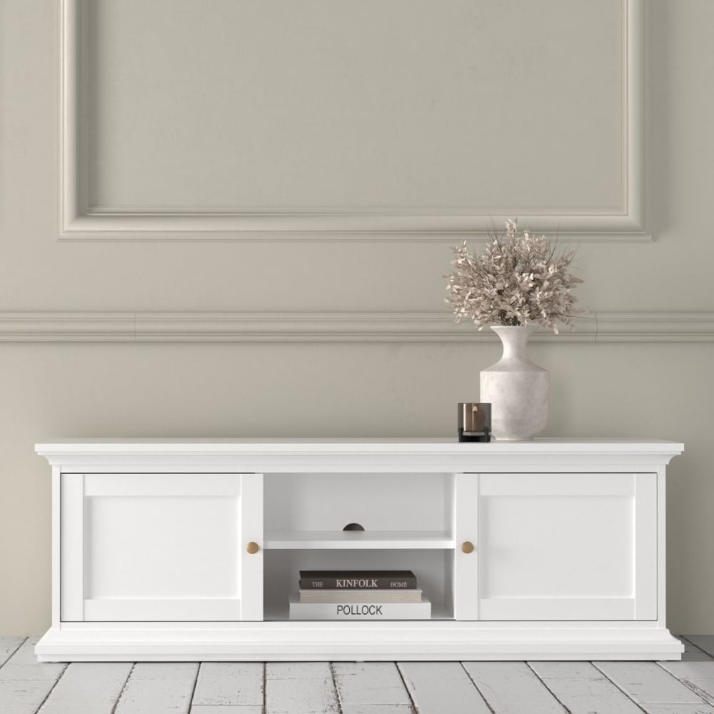 parayo wooden tv stand with 2 sliding doors in white