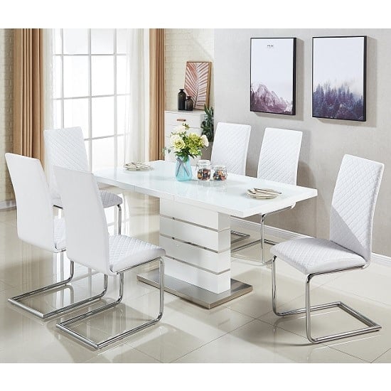 Photo of Parini extending white gloss dining table 6 ronn white chairs