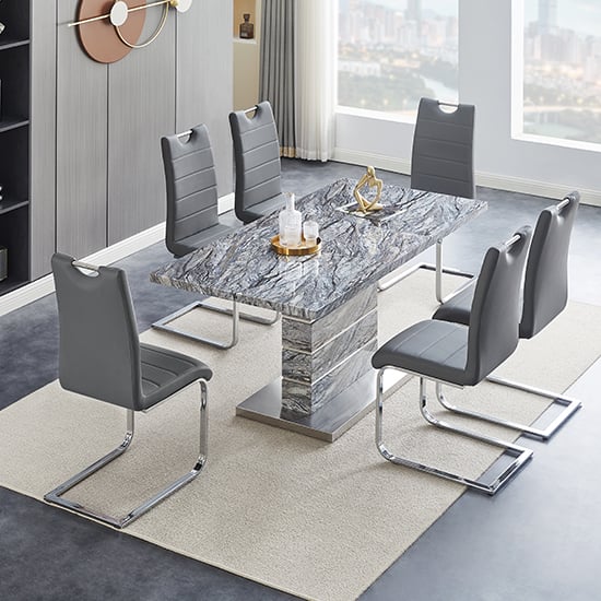 Photo of Parini extendable melange high gloss dining table 6 grey chairs