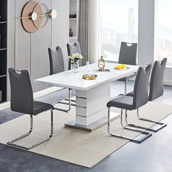 Photo of Parini extendable high gloss dining table 6 petra grey chairs