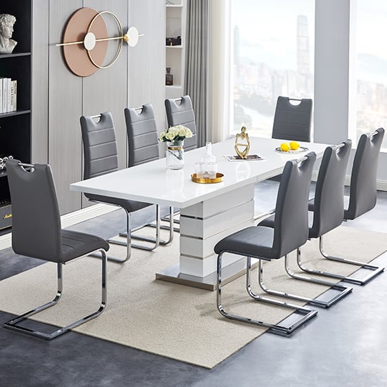 Photo of Parini extendable high gloss dining table 8 petra grey chairs