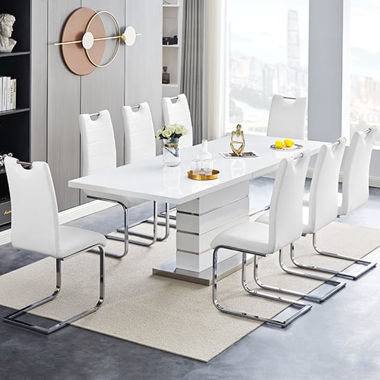Photo of Parini extendable high gloss dining table 8 petra white chairs