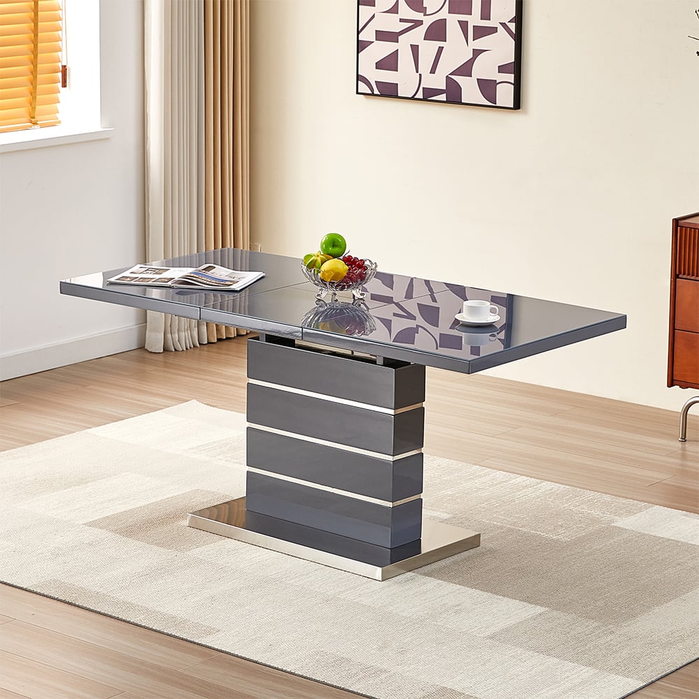 parini extending high gloss dining table in grey with glass top