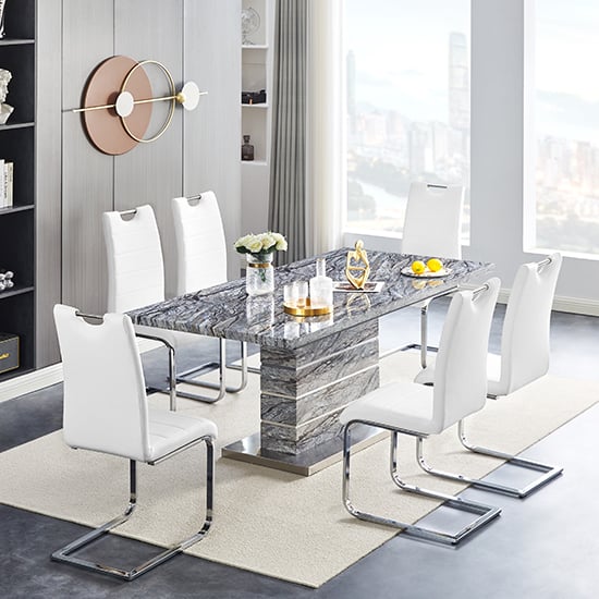 Photo of Parini extendable dining table in melange 6 petra white chairs
