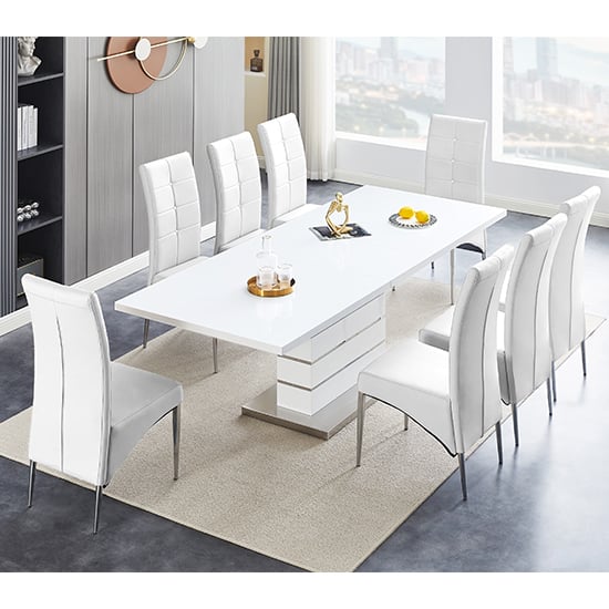 Photo of Parini extending white gloss dining table 8 vesta white chairs