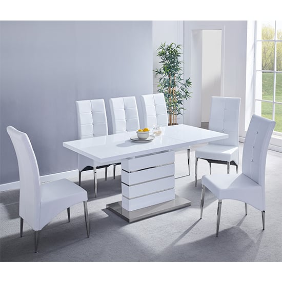 Read more about Parini extending white gloss dining table 6 vesta white chairs