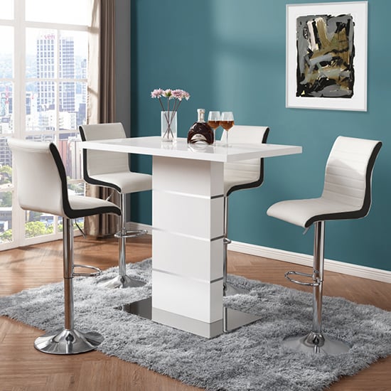 Product photograph of Parini White Gloss Bar Table 4 Ritz White Black Stools from Furniture in Fashion