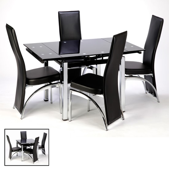 Product photograph of Paris Extendable Glass Dining Table In Black And 4 Romeo Chairs from Furniture in Fashion
