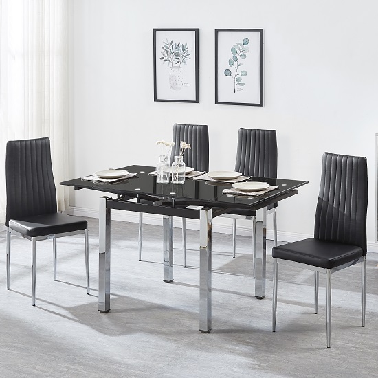 Paris Extendable Glass Dining Table In Black And 4 Monza