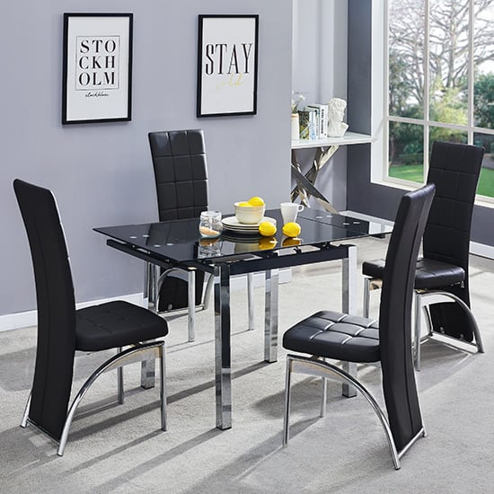 Read more about Paris extending black glass dining table 4 ravenna black chairs