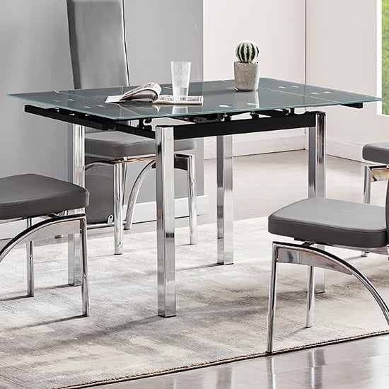 Read more about Paris extending grey glass dining table with chrome metal legs