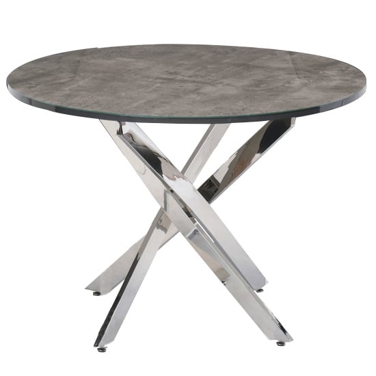 Photo of Paroz round glass top dining table in grey with steel legs
