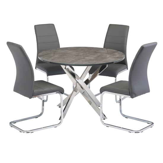 Product photograph of Paroz Round Grey Glass Dining Table With 4 Sako Grey Chairs from Furniture in Fashion