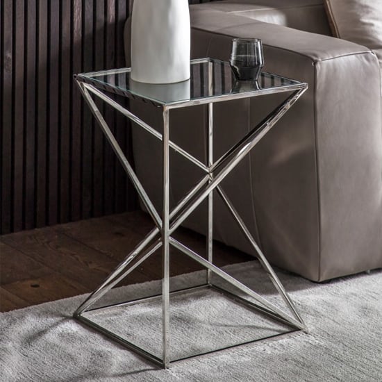 silver metal and glass side table