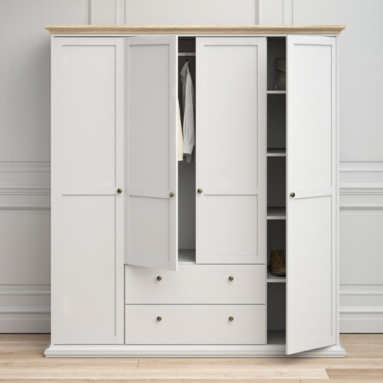 Product photograph of Paroya Wooden 4 Doors 2 Drawers Wardrobe In White And Oak from Furniture in Fashion