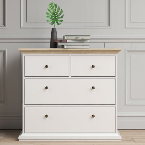 Photo of Paroya wooden chest of drawers in white and oak with 4 drawers