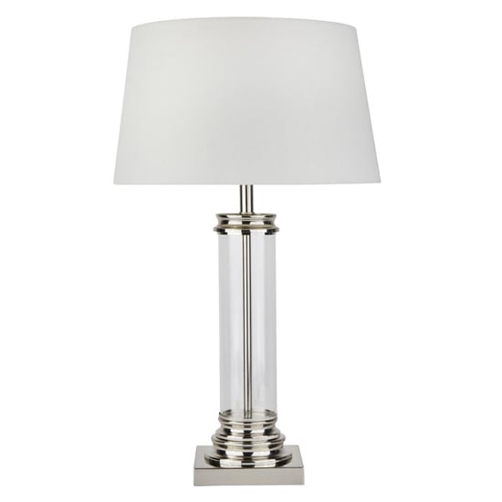 Photo of Pedestal cream fabric shade table lamp in satin silver