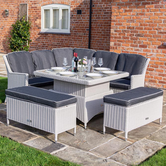 Read more about Peebles corner sofa with dining set and benches in putty grey