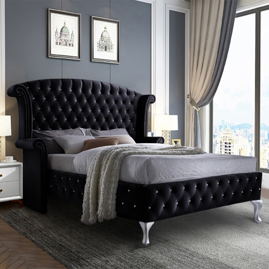 Photo of Pendleton plush velvet upholstered single bed in black