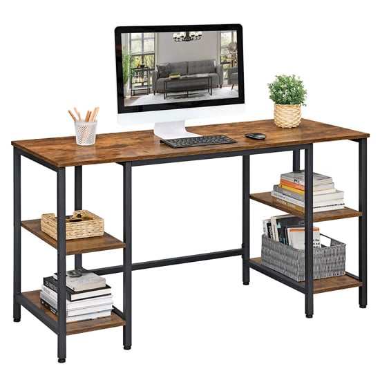 Peoria Wooden 4 Shelves Computer Desk In Rustic Brown | Sale